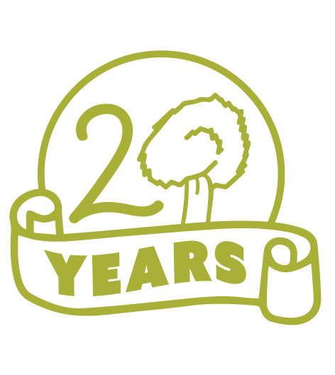A circular logo featuring a stylized tree and the text "20 YEARS" on a ribbon below.